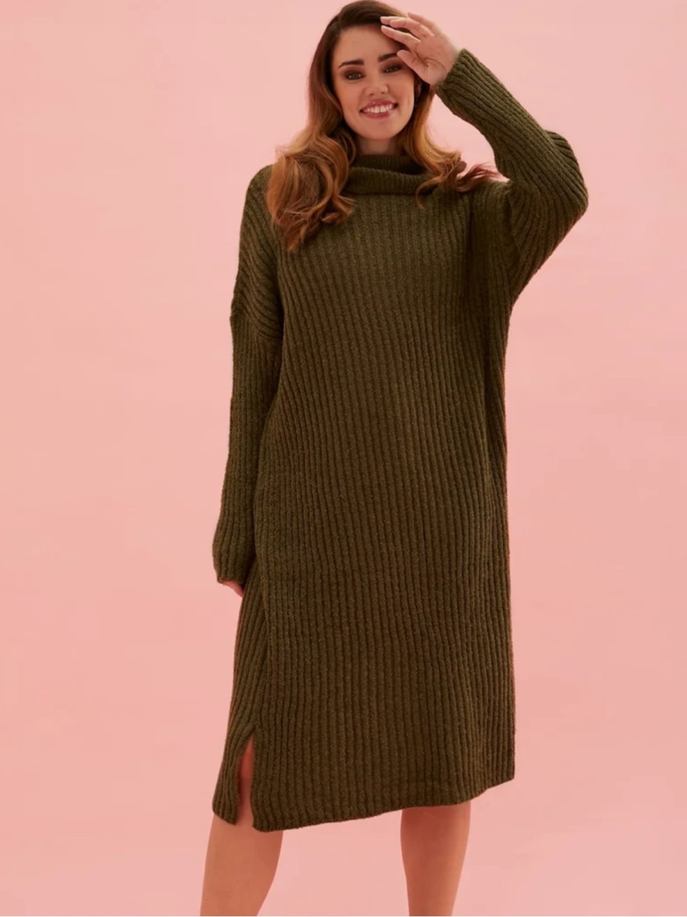 Cara & The Sky Joey Ribbed Turtleneck Sweater Dress Khaki Olive Made in Britain